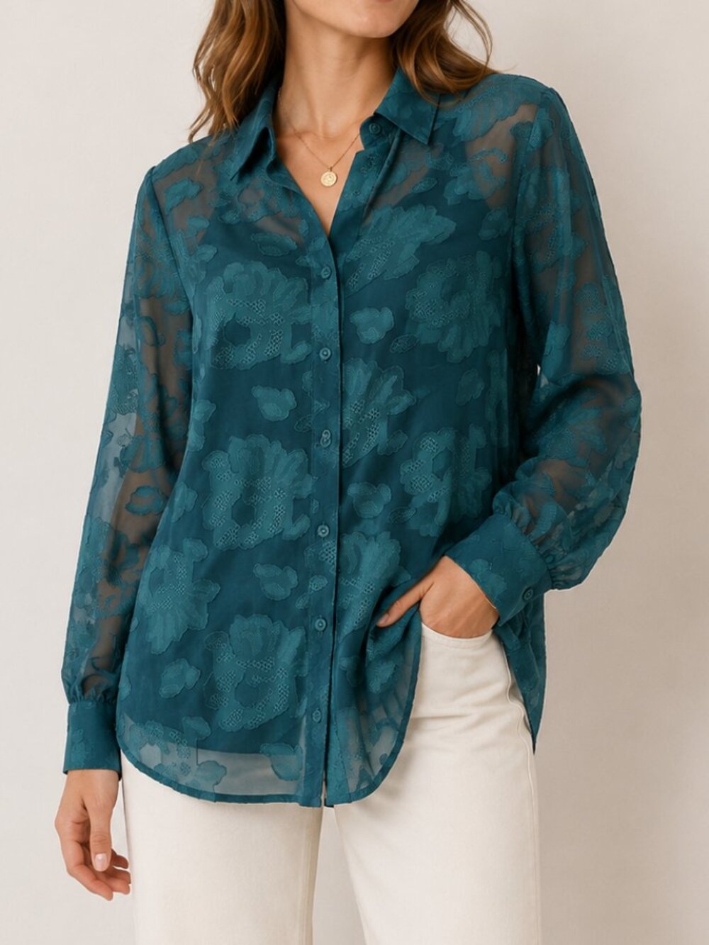 Cleo Petites NWT Teal Sheer Floral Jacquard Button Front Blouse SP